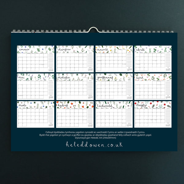 Calendr 2025 Cymraeg Blodeuog | Welsh A4 2025 Calendar