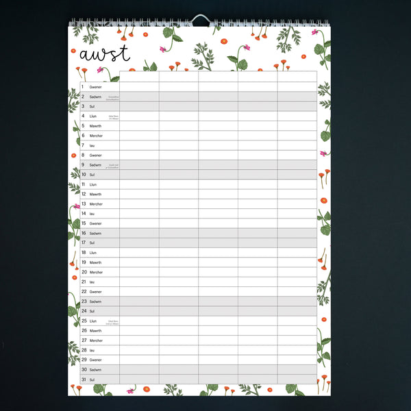 Calendr Teulu A3 Cymraeg Blodeuog 2025 | Welsh A3 2025 Family Calendar